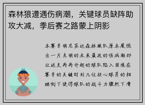 森林狼遭遇伤病潮，关键球员缺阵助攻大减，季后赛之路蒙上阴影