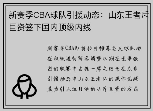 新赛季CBA球队引援动态：山东王者斥巨资签下国内顶级内线
